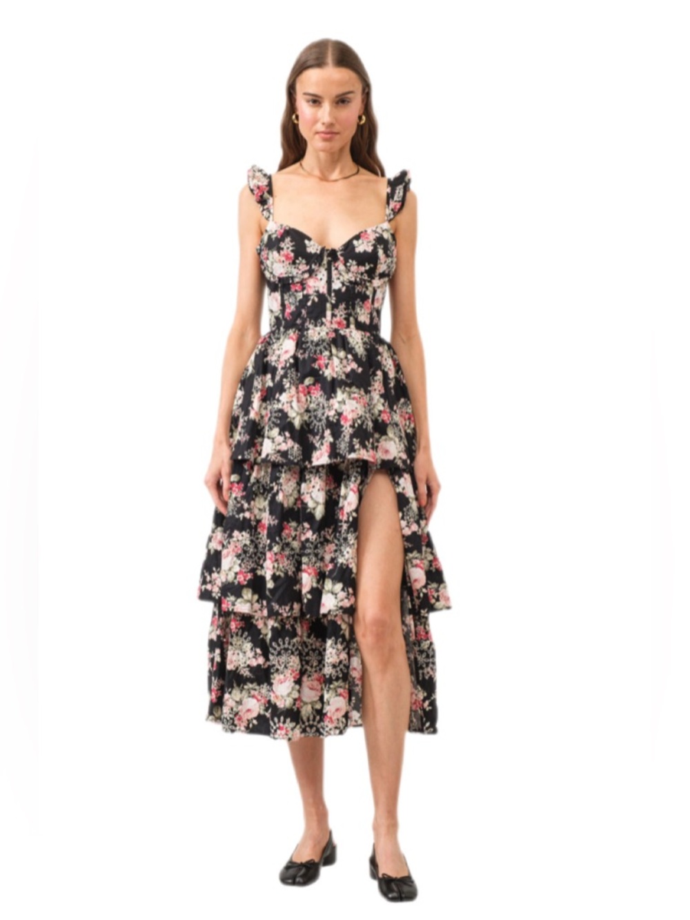 Sofie the Label Corset Tiered Ruffle Midi black floral garden party size S